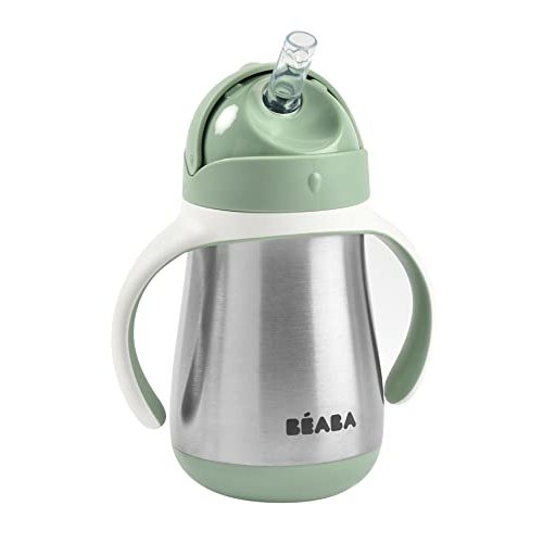 Beaba Stainless Steel Straw Sippy Cup, Insulated Toddler Cups Spill Proof with Removable Handles, Made with High Grade Stainless Steel, 8+ Months, 8.5 oz, (Sage)