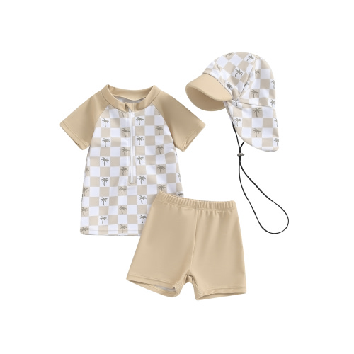 Toddler Baby Boy Swimsuit UPF 50+ Rash Guard Shark Print Top+Swim Trunks +Hat 3Pcs Set Sun Protection Bathing Suit Swimwear