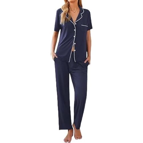 Ekouaer Women Pajamas Set Button Down Sleepwear Short Sleeve Nightwear with Long Pants Soft Pjs Set S-XXL