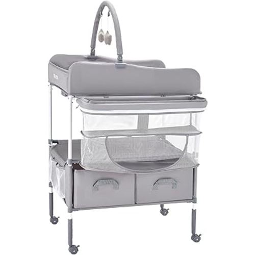 VEVOR Baby Changing Table, Foldable Diaper Change Station with 2 Fabric Drawers, Side Basket and Hanging Rod, Adjustable Height Changing Table with Lockable Wheels and 2 Star Toys, Light Gray