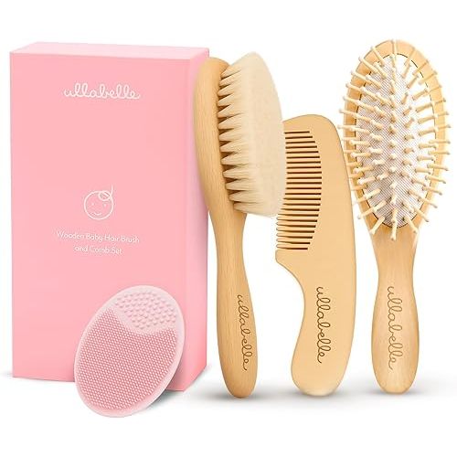 Ullabelle 4 Piece Wooden Baby Hair Brush and Comb Set for Newborns & Toddlers in Chic Gift Box - Ultra Soft Natural Goat Hair and Wood Baby Brush Set Prevents Cradle Cap - Perfect Registry Gift (Pink)