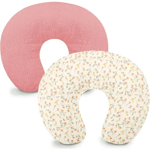 Hooyax Muslin Nursing Pillow Covers 2 Pack, Soft and Breathable Nursing Covers for Breastfeeding Pillows, Adorable Infant Feeding Pillow slipcover for Baby Boy and Girls (Pink Floral)