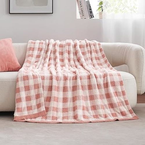 Snuggle Sac Buffalo Plaid Bedding Blanket Twin Size, Super Soft, Cozy Warm Knit Decorative Blankets, Reversible Plaid Fluffy Throws for Bed, Plaid Pink, 60x80 Inches