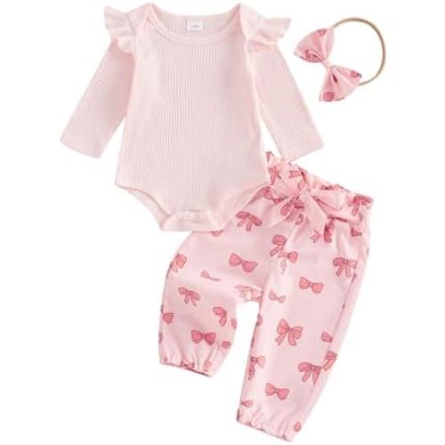 Newbron Baby Girl Fall Clothes Daisy Ribbed Knitted Long Sleeve Romper Long Pants 3 Pcs Infant Girl Winter Outfit