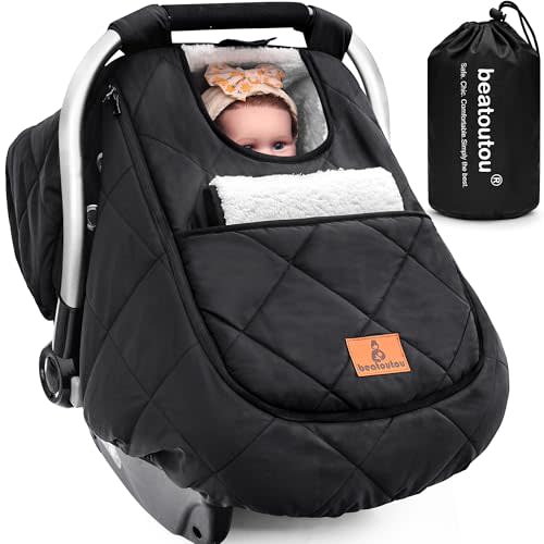 beatoutou Winter Baby Car Seat Cover, Waterproof Winter Infant Carseat Canopy for Boys Girls, Cold Weather Warm Car Seat Covers for Babies, Keeps Babies Warm and Cozy (Black)