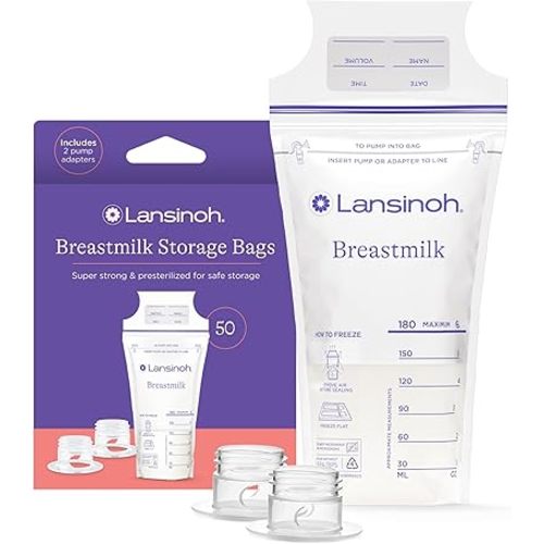 Lansinoh Breastmilk Storage Bags, 50 Count with 2 Pump Adapters, Baby Essentials, Fast Freeze & Thaw Breast Milk Bags for Baby Bottle Feeding, Superior Strength & Stretch, 6 Ounce