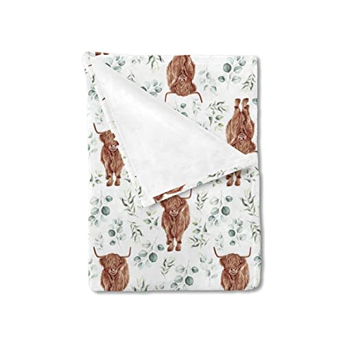 HawSkgFub Highland Cow Eucalyptus Leaf Baby Blanket Boys Shower Gift, Western Cowboy Flannel Fleece Nursery Bed Receiving Swaddle, Soft Lightweight Newborn Infant Crib Toddler Bedding 30 x 40