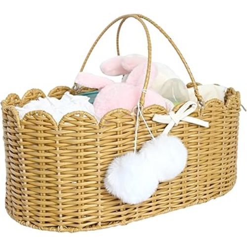 Baby Handmade Scalloped Woven Rattan Basket Diaper Caddy Organizer Cute Nursery Basket Diaper Basket Moses Basket Changing Basket Baby Shower Basket For Baby Boy Baby Girl (Brown)