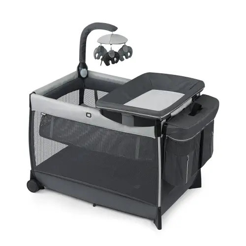 Chicco Lullaby® Zip All-in-One Portable Playard, Infant Bassinet and Changer, Electronic Toy Bar, Toddler Playard, Travel Friendly | Driftwood/Grey