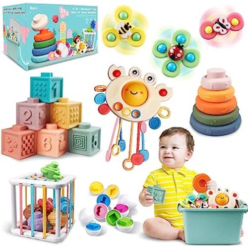 Baby Toys for 6 to 12 Months, Montessori Sensory Bins Toys for Toddlers 1-3, Pull String Teether Infants Bath Toys 6 in 1 Stacking Blocks Rings, Matching Eggs, Suction Cup Spinner Toy