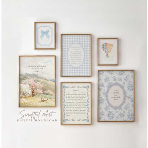 Christian Wall Art Bundle Vintage Bible Prints Set of 6 Blue Scripture Nursery Gallery Cottagecore Girls Room Printables Digital Download