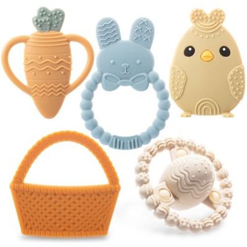 Easter Baby Teether Set, Easter Bunny, Carrot, Chicken, Rattle Egg & Easter Basket Teething Toys Perfect Easter Teethers Toys Cute Gift Set For Babies