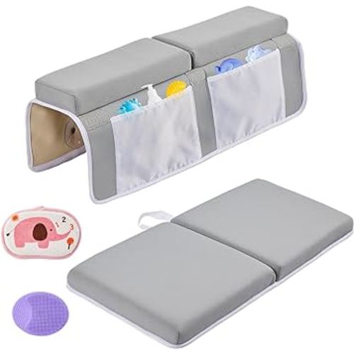 Baby Bath Kneeler and Elbow Rest Pad Set,Baby Bathtub Mat for Newborn Essentials Must Haves,Kneeling Pad with Soft Memory Foam and Bath Toy Organizer,Silicone Brush Bath Sponge,Grey