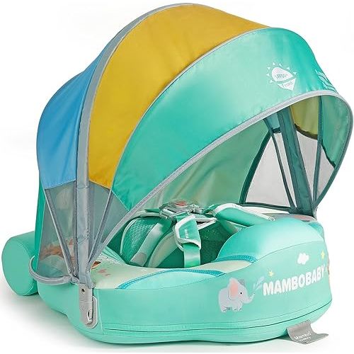 Mambobaby Float with Canopy Newest Size Improved Non Inflatable Infant Baby Pool Float Smart Mambo Float Swim Trainer Add Tail Baby Swim Float Mambo Baby Float Solid Air Free Water Waist Swimming Ring