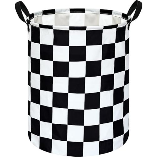 19.7 Inch Round Laundry Hamper Black Check Laundry Basket Fabric Storage Hamper Organization Basket, Storage Bin, Toy Box,Gift Basket with Handles for Room