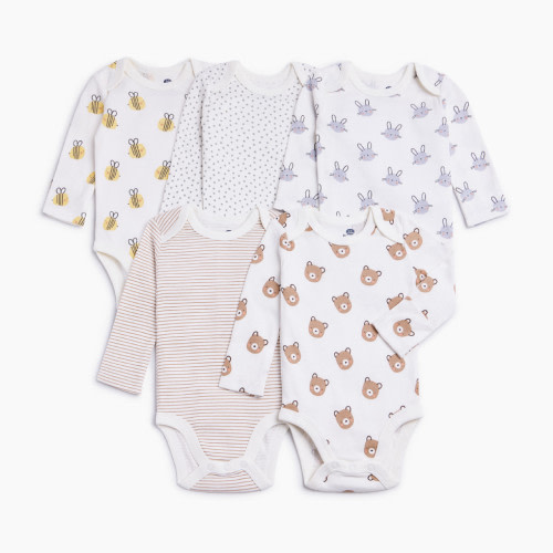 Small Story 5 Pack Printed Long Sleeve Bodysuits - Baby Animals, 0-3 M