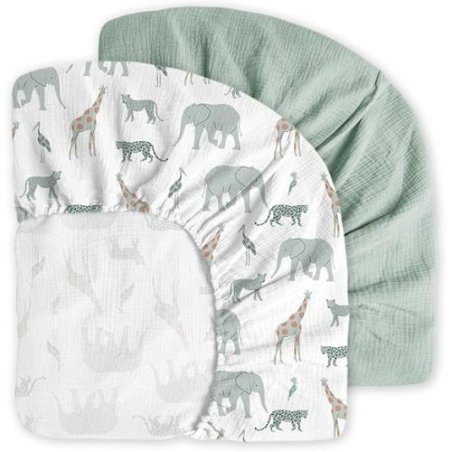 Little Grape Land Muslin Crib Sheets Fitted for Boys and Girls 2 Pack, 100% Cotton Baby Bed Sheets Soft Breathable, Neutral Fitted Baby Mattress Sheets for Standard Crib 52x28, Safari