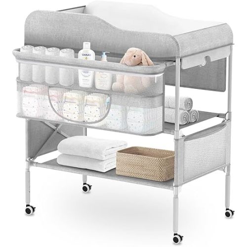 Portable Baby Diaper Changing Table, Foldable Diaper Changing Table, Waterproof Diaper Changing Table Height Adjustable Changing Diaper Station for Infant and Nursery, Mobile Changing Station