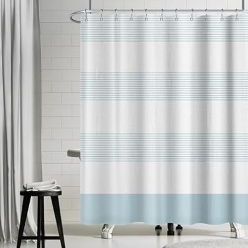 72x72 Inch Blue and White Striped Waffle Shower Curtain Ombre Nautical Splicing Stall Bath Curtain Rustic Farmhouse Neutral Bathtub Curtain for Kids Bathroom Waterproof Decor with Hooks