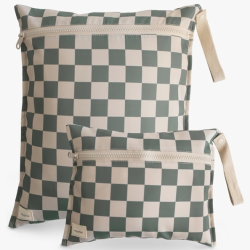 mushie Water Resistant Wet Bags | Large & Small Reusable Storage Bag for Baby Items and Travel | Zippered Pockets with Handle | Machine Washable, Set of 2 (Olive Check)