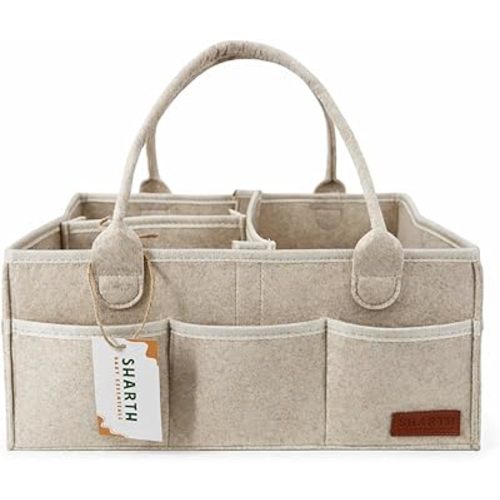 Sharth Baby Diaper Caddy Organizer with Handle, Baby Shower Gifts Basket Bag, Registry Search Must Haves Items, Nursery Storage Organizer for Newborn Girl Boy, Car Diaper Caddy (Beige)