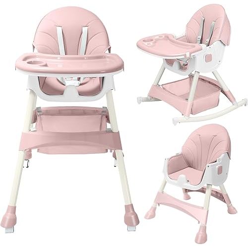 HARPPA Convertible 4-in-1 Baby High Chair for Toddlers with Removable Tray, Wheels & Safety Belt (Pink)