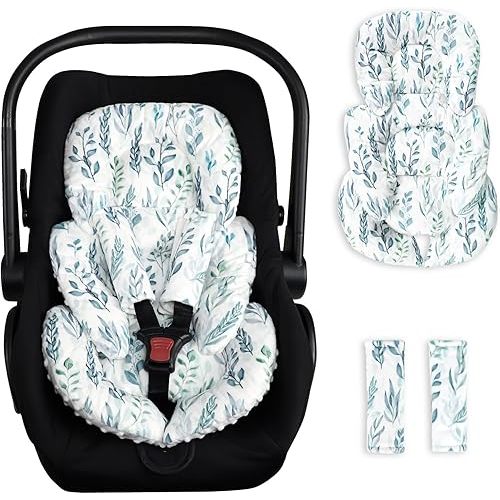 DILIMI Infant Car Seat Insert, Baby Car Seat Head Support with 2 Strap Paddings, Soft Newborn Car Seat Cushion for Stroller, Swing, Bouncers, Green Leaf