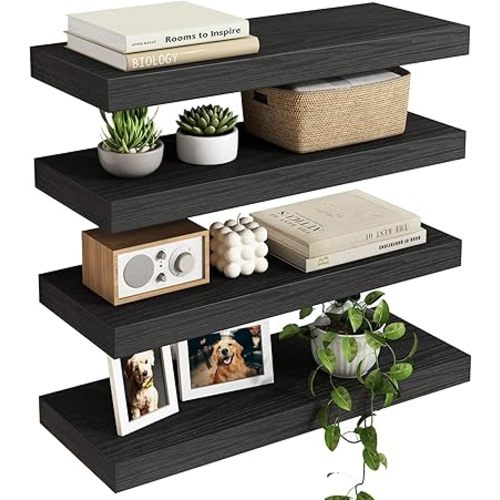 Fixwal Black Floating Shelves for Wall, Rustic Wood Shelves for Bathroom, Living Room, Bedroom and Kitchen, Wall Shelves for Storage, Books, Room Decor (Set of 4, 15.7 Inch)