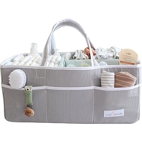 Lily Miles Baby Diaper Caddy - Organizer Tote for Infant Boy or Girl - Baby Shower Basket - Nursery Must Haves - Registry Favorites - Newborn Caddie Car Travel - Gray/Mint, Extra Large