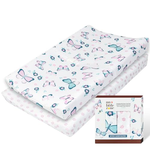 My Little Zone 100% Cotton Changing Pad Cover for Baby Girls, Floral - Breathable Bassinet, Mini Crib Mattress Fitted Sheets - Butterfly Blossom, 32"x16" with 8" Deep Pocket, White-Light Pink, 2 Pack