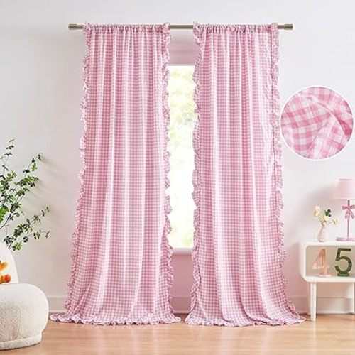 ZJDECOR 95 Inch Light Pink Buffalo Plaid Ruffle Curtains for Girls Room Bedroom Living Room,Not-See-Through Sheer Crinkled Drapes,Farmhouse Shabby Chic Window Treatment,Rod Pocket,40"Wx95"L,Pack of 2