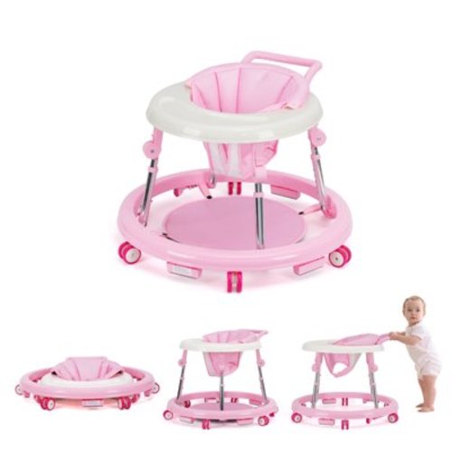 kmaier Baby Walker, One-Touch Folding 9 Adjustable Heights with Wheels Non-Slip for 6-18 Months,Pink