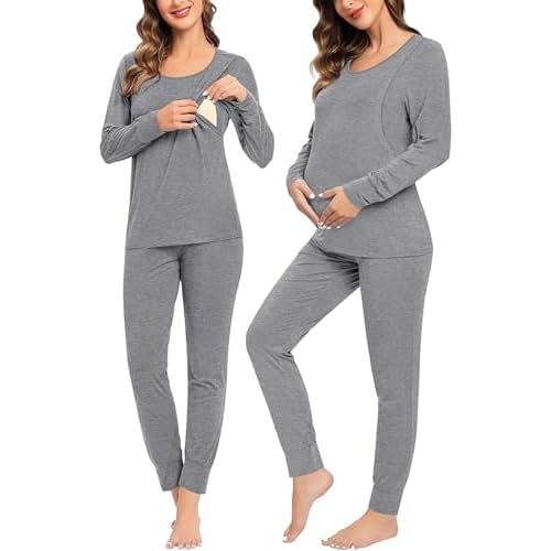 SWOMOG Women Maternity & Nursing Thermal Underwear Set Postpartum Pajamas Breastfeeding Long Sleeve Base Layer Pregnant Pjs