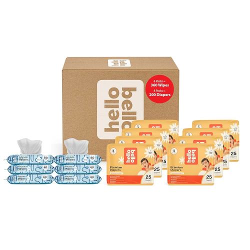 Hello Bello Mega Surprise Pack, Size 3 (14-24 lbs), 200ct Hypoallergenic Assorted Diapers with a Soft, Cloth-Like Feel Plus 360 Ultra Gentle Unscented Baby Wipes in 6 Resealable Packs