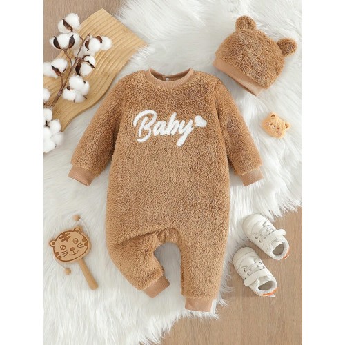 SHEIN Baby Girls' Cute Plush One-Piece Pants And 3D Bear Ear Hat Set For Outings In Autumn & Winter | SHEIN USA