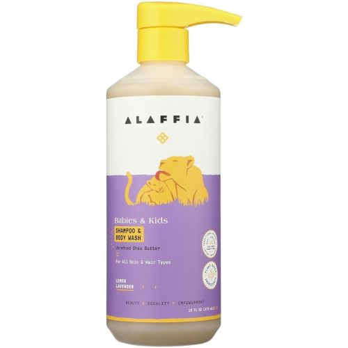 Alaffia Babies and Kids Shampoo and Body Wash, Gentle and Calming Support for Soft Hair and Skin with Shea Butter, Neem, and Coconut Oil, Fair Trade, Lemon Lavender, 16 Fl Oz