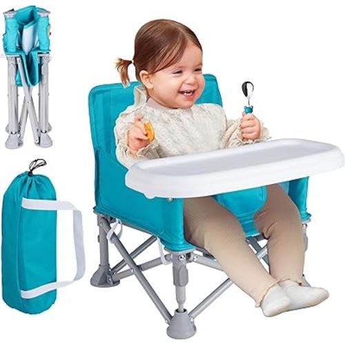Portable Baby Booster Seat with Tray, Toddler Booster seat for Dining, Camping, Travel, Baby Beach Chair 6 Months to 3 Years Old Indoor Outdoor Use Cyan