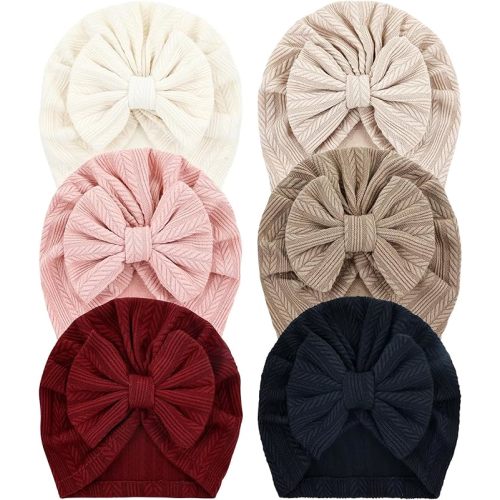 Cinaci 6 Pack Soft Turban Hats with Bow Donut Nursery Hospital Caps Beanies Bonnets for Baby Girls Newborns Infants Toddlers