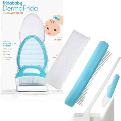 Frida Baby The 3-Step Cradle Cap System, DermaFrida The FlakeFixer, Sponge, Brush, Comb and Storage Stand for Babies with Cradle Cap, White-Blue