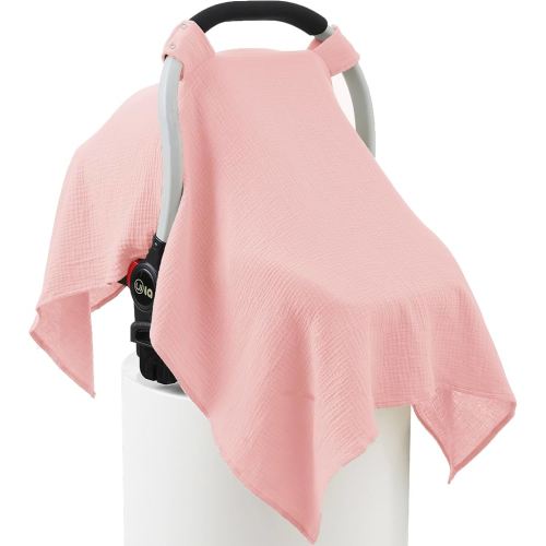 100% Muslin Cotton Car Seat Cover Baby, Carseat Canopy Cover, Universal Fit Stroller Covers for Boys and Girls (Pink)