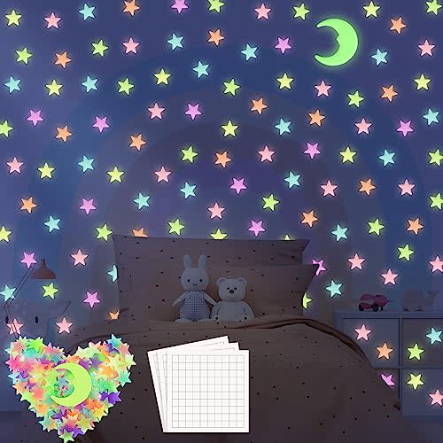 DiGMiG Glow in The Dark Star Stickers 200Pcs, 3D Glowing Stars with Moon, 6 Colors Adhesive Stars for Ceiling, Wall Decorations, Room Decor, Birthday Gift