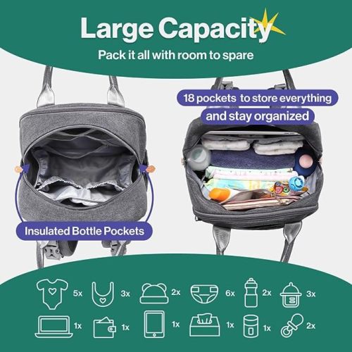 BabbleRoo Diaper Bag Backpack - Multi function Waterproof Diaper Bag, Travel Essentials Baby Tote with Changing Pad, Stroller Straps & Pacifier Case - Unisex, Dark Gray - Polyester