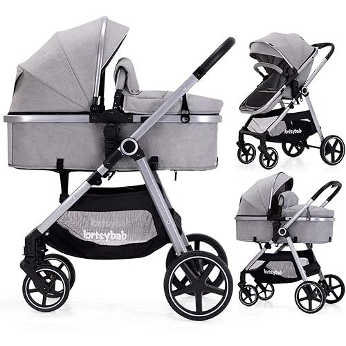 2-in-1 Baby Stroller with Bassinet Mode - Folding Infant Newborn Pram Stroller with Reversible Seat - Toddler Strollers for 0-36 Months Old Babies (Gery)