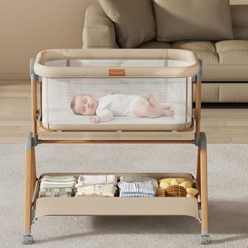 3 in 1 Baby Bassinet Bedside Sleeper, Gentle Rocking Bassinet with Wheels, Adjustable Heights, Full Breathable Mesh, Soft Mattress & Storage Basket, Stable and Secure Crib for Newborns