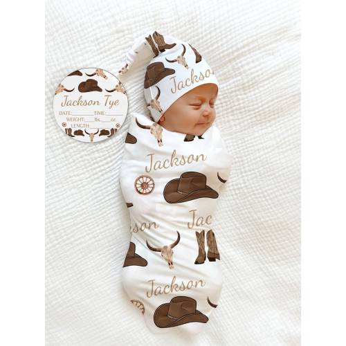 COWBOY Hat Name Blanket Baby Boy Personalized Shower Gift Cow Swaddle Newborn Ranch Coming Home Outfit Hospital Cowboy Boots Hat Deer Set
