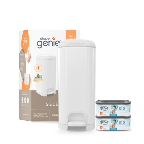 Diaper Genie Select Pail Registry Gift Set (White) | Made of Durable Stainless Steel Metal | Includes 2 Jumbo Refills | Holds 1620 Newborn Diapers