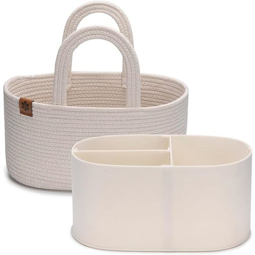 PeraBella 2-in-1 Baby Diaper Caddy Organizer for Changing Table, Cotton Rope Diaper Basket for Boy, Girl, Gift for Baby Shower, Nursery Diaper Organizer, Portable Diaper Storage,Car Caddy Organizer - Silky White