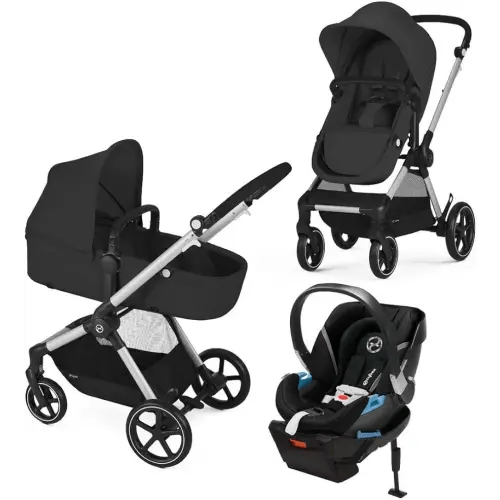 Cybex EOS 5-in-1 Travel System Stroller (Moon Black Seat with Silver Frame) + Lightweight Aton 2 Infant Car Seat with SensorSafe (Lavestone Black)