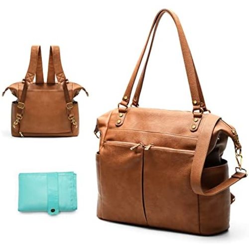 Diaper Bag Tote Mominside Leather Diaper Bag Backpack for Mom Dad Large Travel Diaper Tote Baby Bag for Boys Girls with 4 Insulated Pockets, Changing Station, Shoulder Straps(Brown)