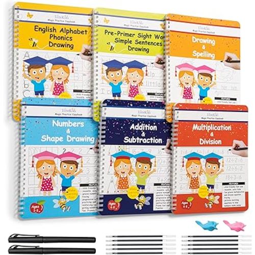Magic Practice Copybook 6 Workbooks with Disappearing Ink Pens, Reusable Handwriting Practice for Kids, Calligraphy Practice Letter Tracing Books for Kids Ages 3-5 (8.7×6.9in)
